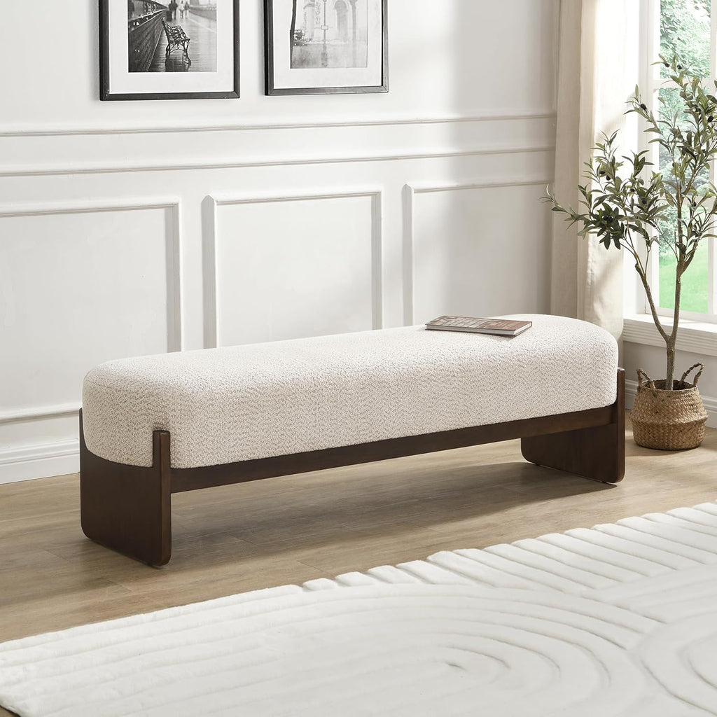 Arden Minimalist Style Rectangular Loop Yarn Fabric Ottoman Bench, Rubberwood Frame, Entryway Bench, Living Room Sofa