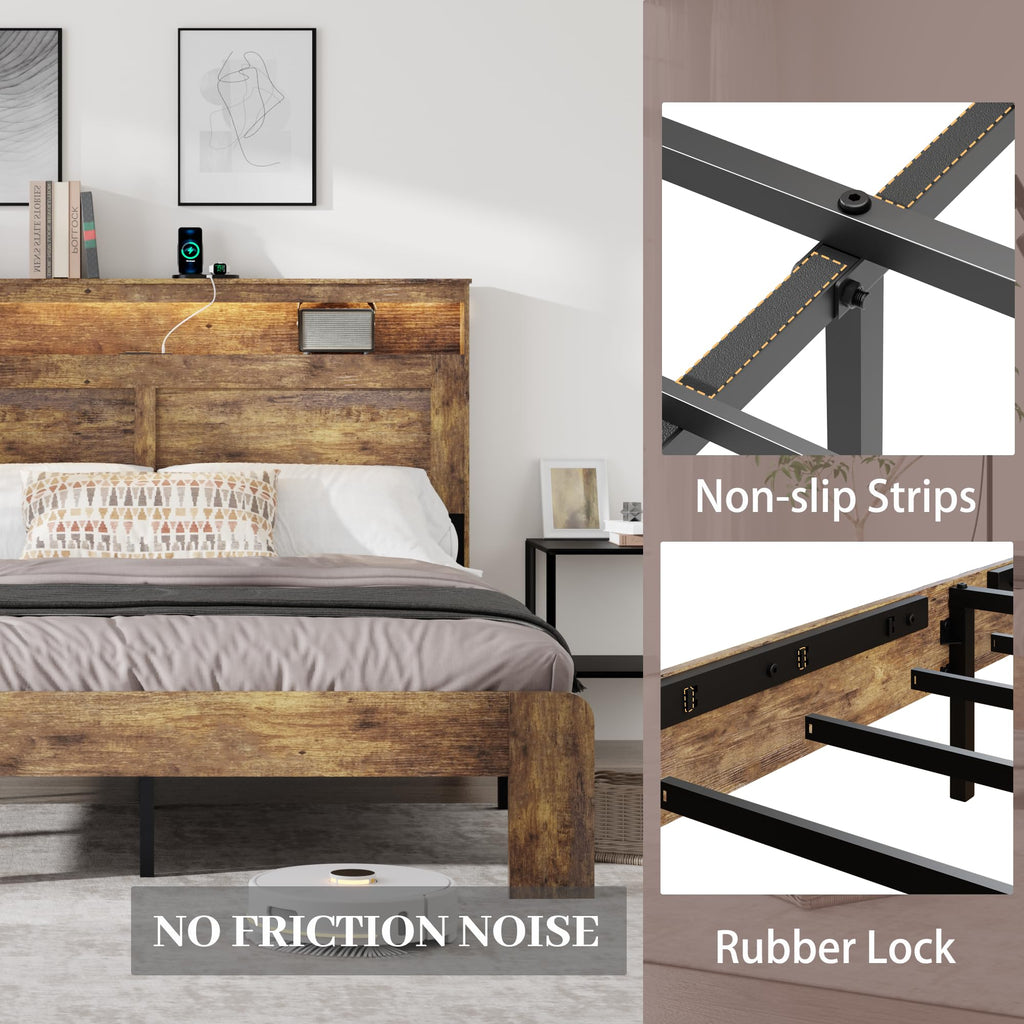 Queen Size Wooden Bed Frame with Headboard, Rustic Platform Bed Frame