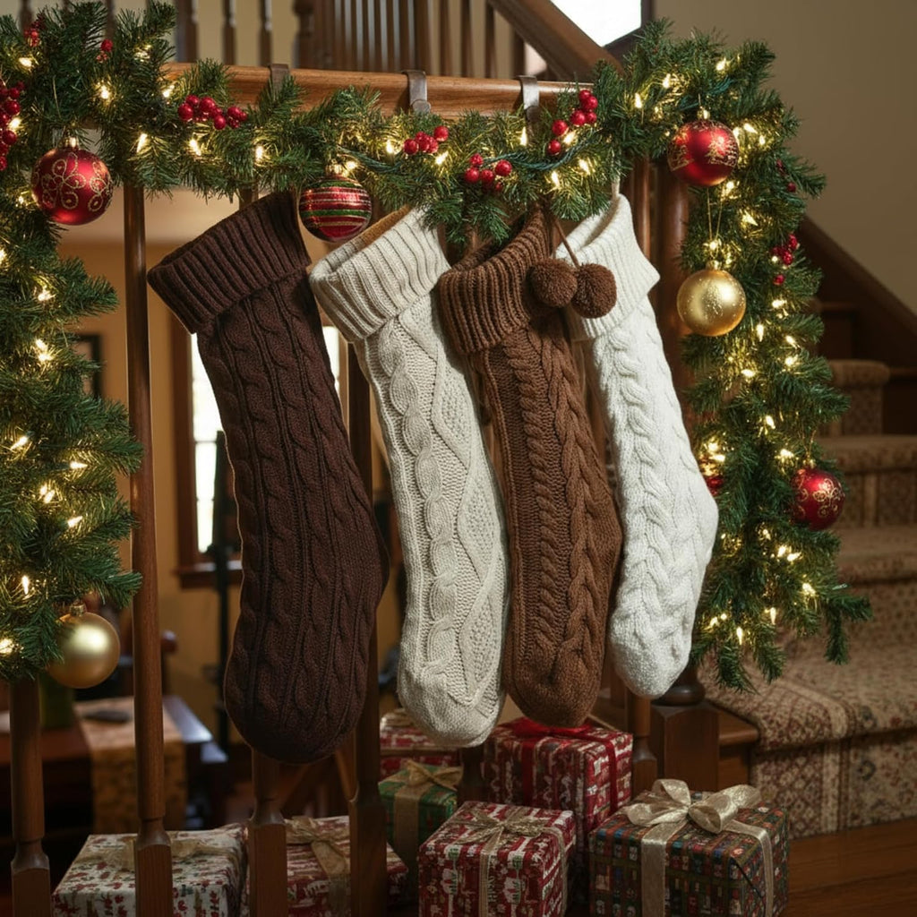 Cable Knit Christmas Stockings 18 Inch Farmhouse Large Rustic Neutral Knitted Stockings Ornaments Hanging Xmas - Set of 4