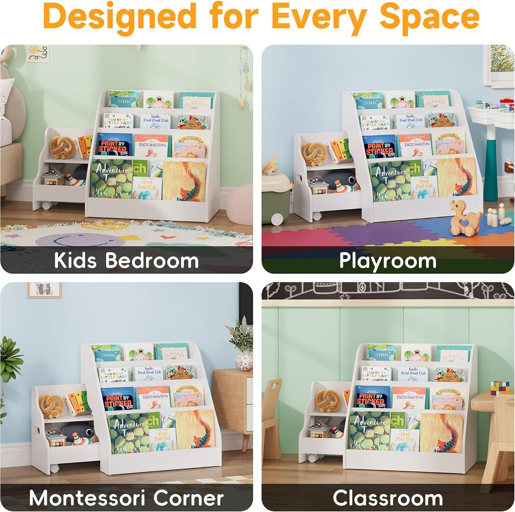 2-in-1 Montessori Kids Bookshelf - Toddler Nursery 4 Tier Wooden Shelf | Display Book Shelf for Kids Rooms, Children