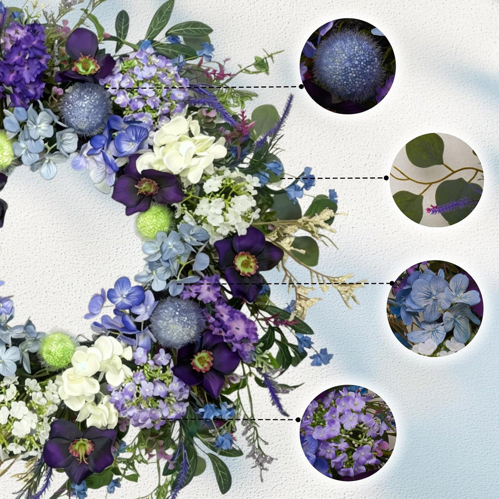 24-Inch Colorful Flower Wreath for Front Door - Hydrangeas, Lavender Wreath, Spring Summer Artificial Wild Flower