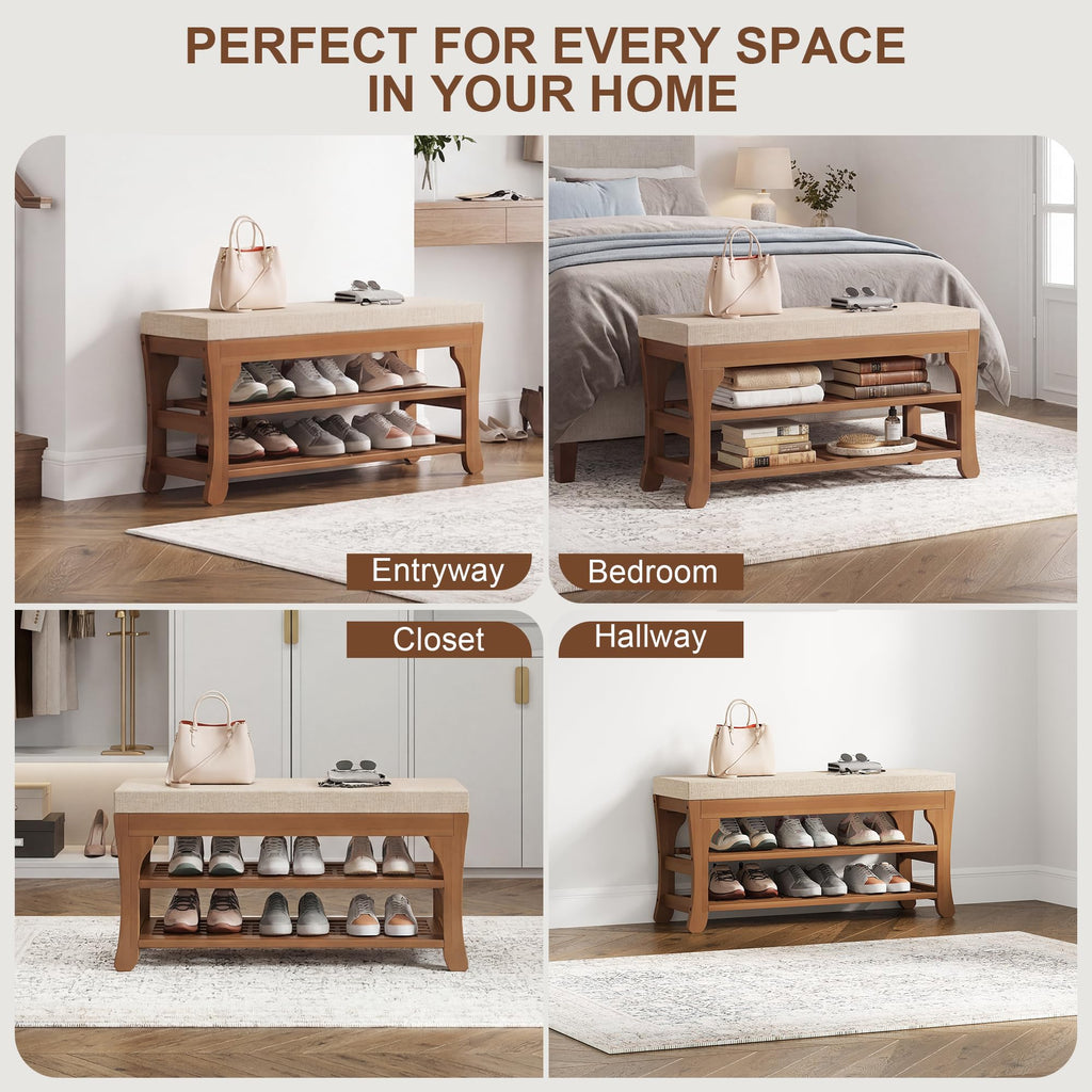 27.6" Shoe Storage Bench with Cushion, Bamboo Shoe Rack Bench, 2-Tier Entryway Shoe Organizer, Supports up to 350 LB
