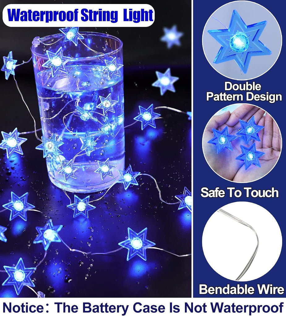 [Timer] 10FT 30LED Hanukkah Decorations Star of David String Lights, Battery Operated Waterproof Blue Lights Hanukkah - Set of 30