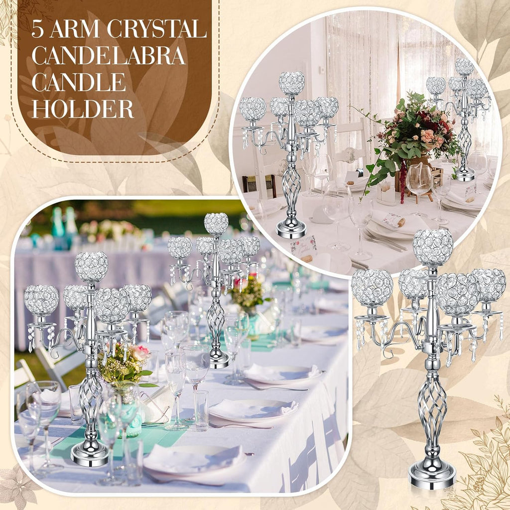 4 Pcs 5 Arm Crystal Candelabra Centerpieces for Table 27 Inch Retro Victorian Crystal Candle Holders Bowl Table