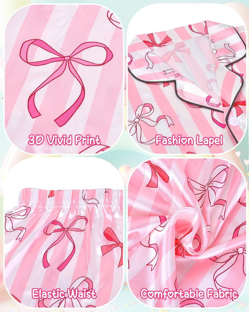 Girls Pajamas Silk PJS Set Pink Bow Satin Sleepwear Short Sleeve Jammies for Kids Button-Down Nightwear