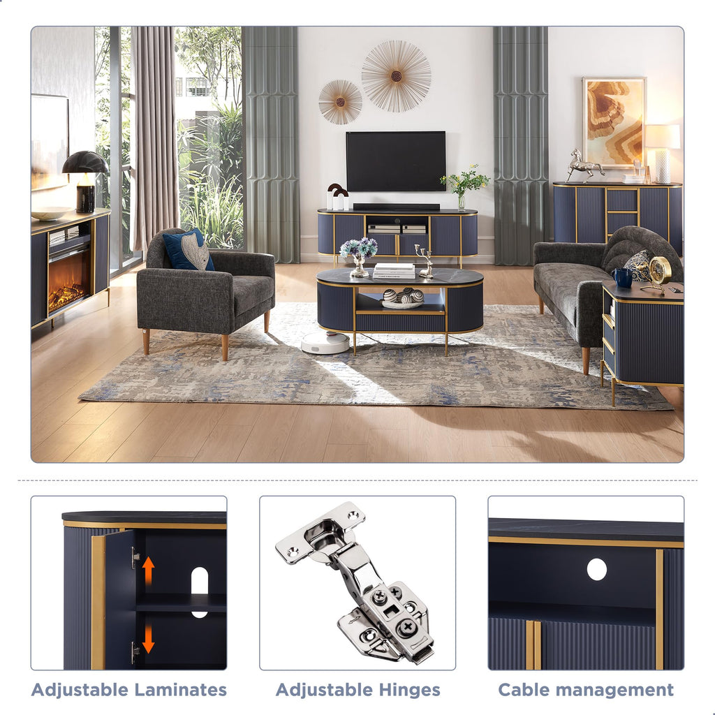 70" Fluted TV Stand with Storage, Faux Marble Top Entertainment Center for TVs Up to 80", Modern Curved Edge Media