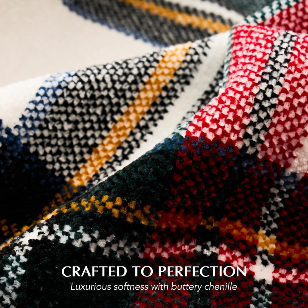 Chenille Christmas Throw Blanket, 50"x60", White Stewart Plaid