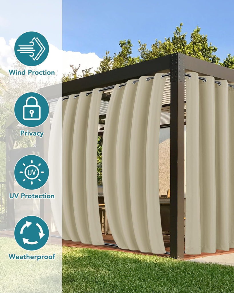 Windproof Outdoor Curtains Waterproof 4 Pcs 110x108 In Cream | Grommet Top and Tab Bottom Outside Drapes,Weatherproof