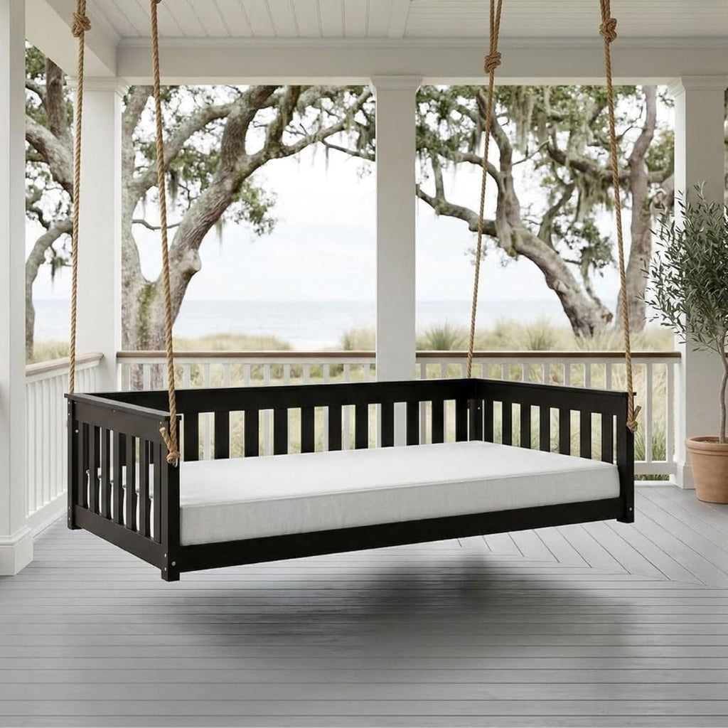 Beckett Heavy Duty Poly Daybed Swing in Black, Twin Size - Composite HDPE Porch Swing Bed Made from Recycled Plastic
