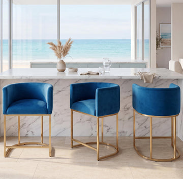 Contemporary Blue Velvet Bar Stools Set of 3, 24" Upholstered Fabric Counter Height Barstools Kitchen Counter Island