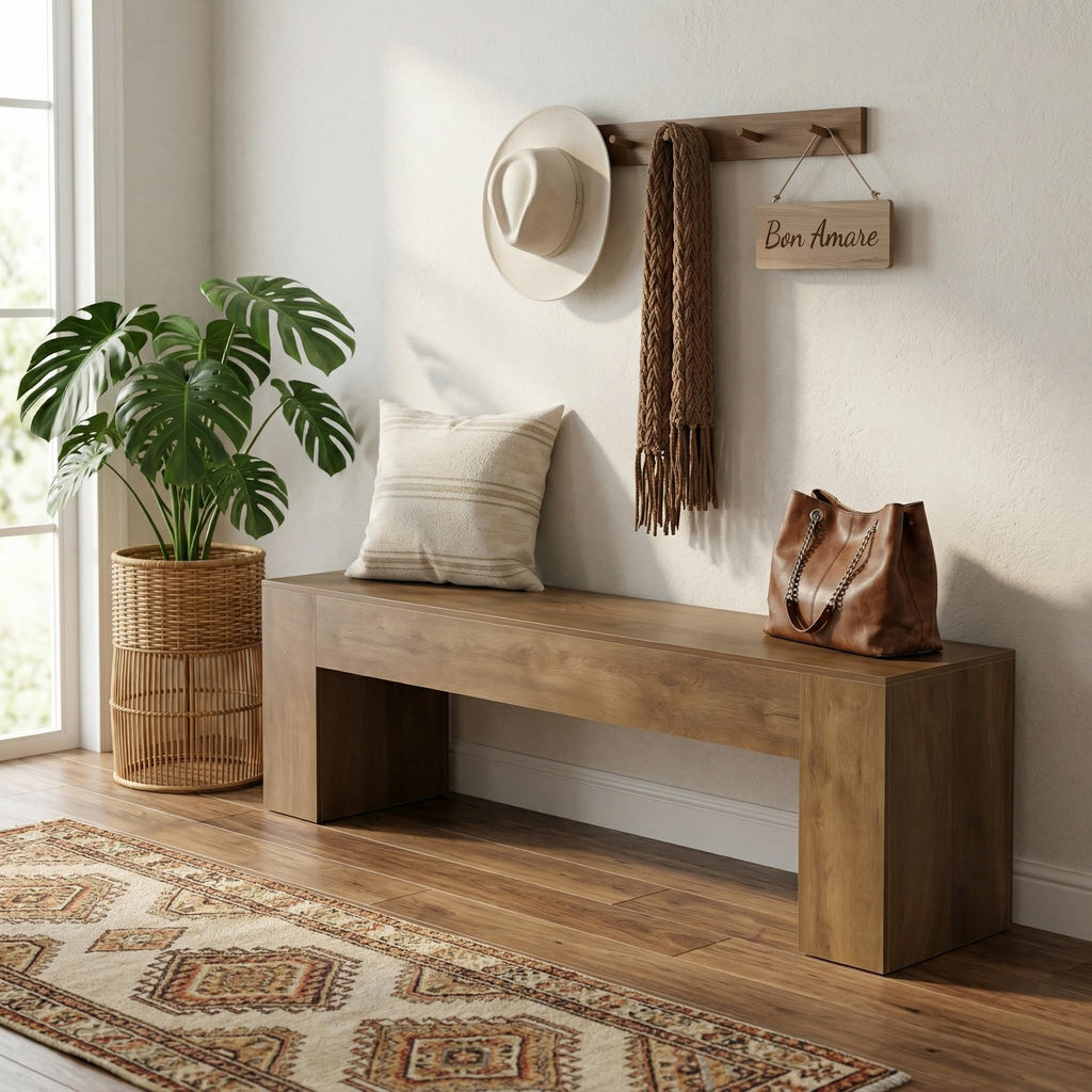 70.8" Long Wooden Bench, Modern Farmhouse Dining Bench, Minimalist Benches, Rustic Brown, Easy Assembly