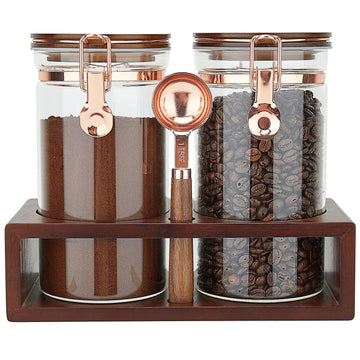 Glass Coffee Container with Wooden Shelf, 2 x 40 FLOZ Coffee Bean Storage with Sealed Closure Clips and Copper Spoon