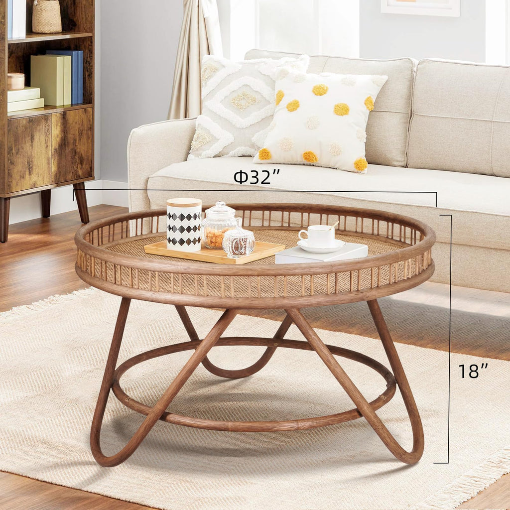 Boho Rattan Coffee Table Round, Handwoven Modern Style Round Wicker Coffee Table, 32x18 '' Brown