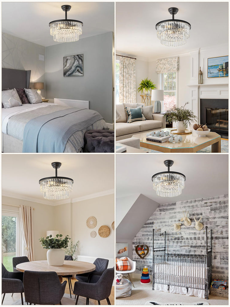 20" Black Crystal Fandelier Ceiling Fans with Lights, Farmhouse Rustic Caged Crystal Chandelier Ceiling Fan with Light
