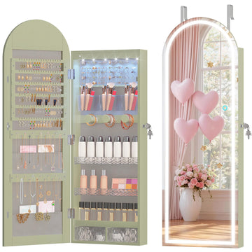 Wall Mounted Jewelry Organizer Lockable, Door Hanging Arched Mirror with Lights and Jewelry Storage, 6 LEDs Jewelry