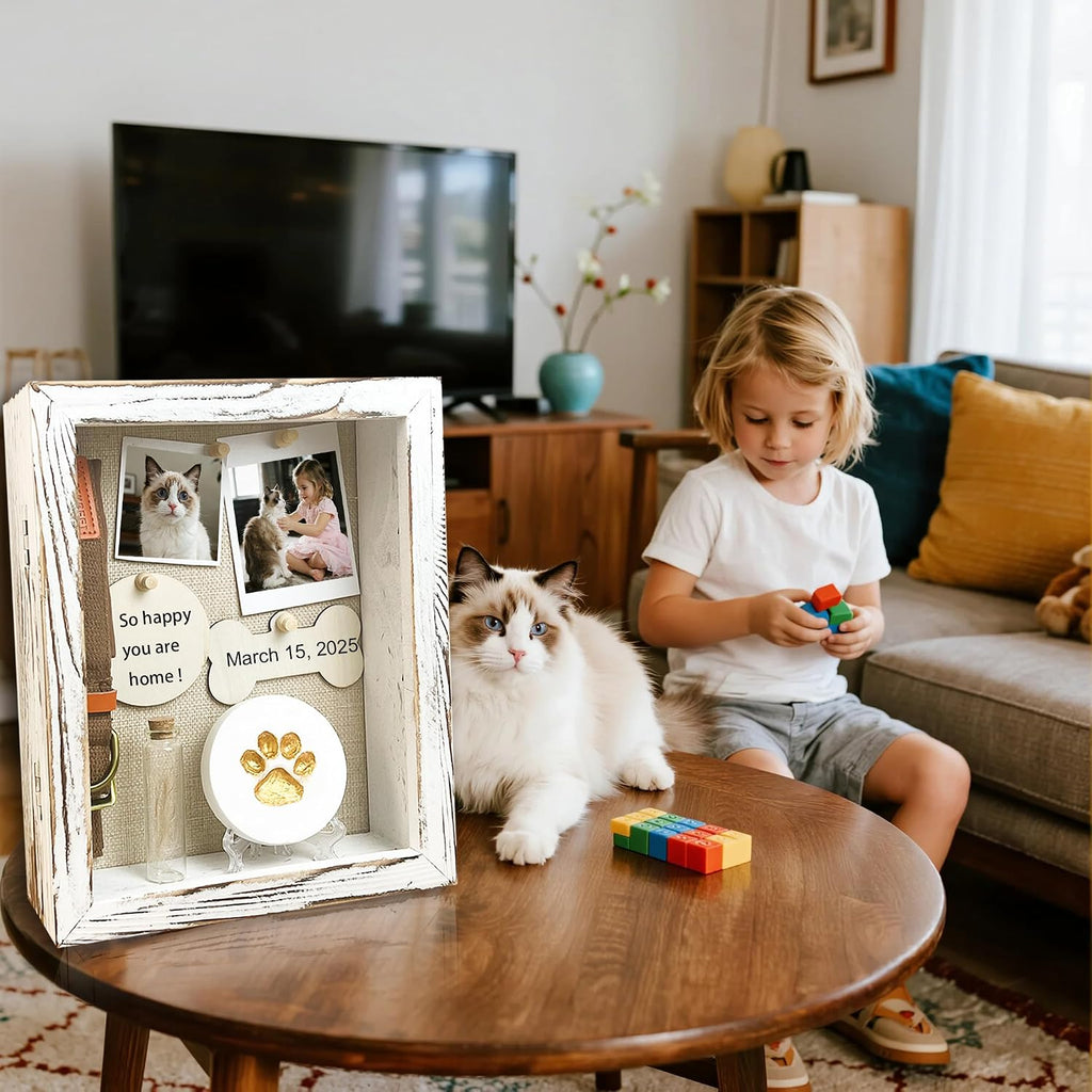 Solid Wood 8x10 Pet Memorial Shadow Box White Urn Ashes Display Case with Paw Print Kit Dog Memorial Keepsake Gift