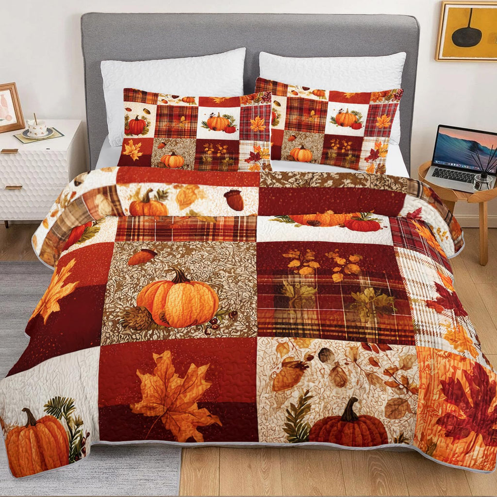 Pumpkin Maple Leaves Plaid Patchwork Quilt with 2 Pillowcases.