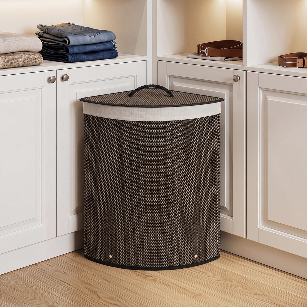 15 Gal Corner Laundry Hamper w/Lid, Removable Liner, Handle Taupe