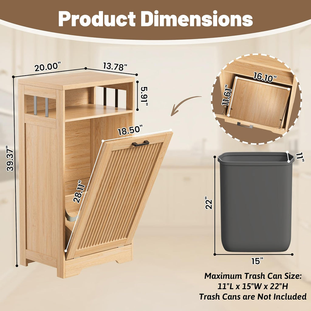 13 Gallon Tilt Out Trash Can Cabinet with Open Shelf & Storage - Pet Proof Hidden Recycling Cabinet & Wooden Laundry