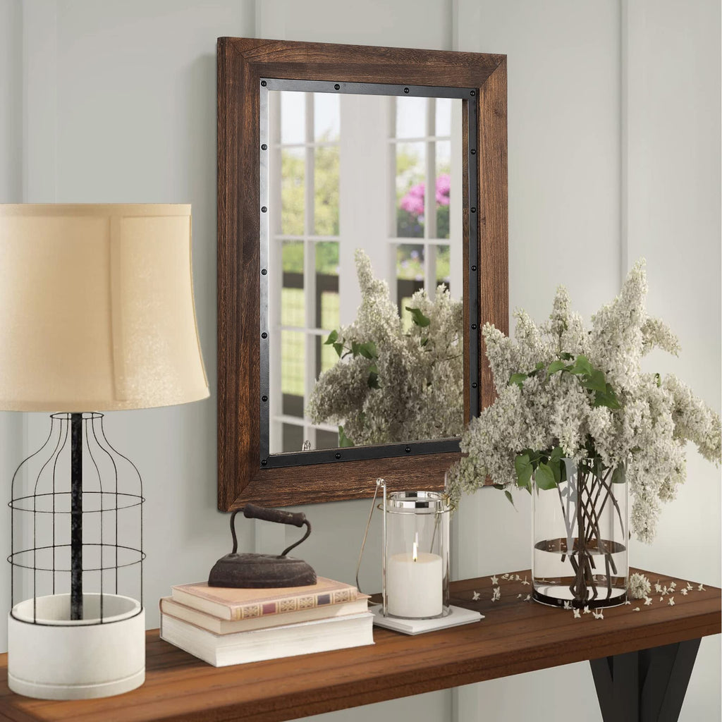 Rustic Wooden Framed Wall Mirror, 40"x30", Natural Wood and Iron Bathroom Vanity Mirror for Farmhouse Decor, Vertical