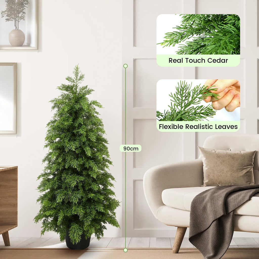 3FT Artificial Cedar Topiary Trees, 2 Pack UV Resistant Faux Pine Tree