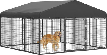 118" x 118" Outdoor Dog Kennel Steel Ideal Dog Fence for Medium/Small Dogs Anti-Rust Coating Cage with Roof All