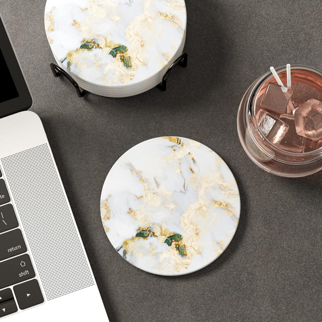 Coasters for Drinks Cute Absorbent Ceramic Drink Coasters for Cup with Holder and Cork Base, Kitchen Home - Set of 6