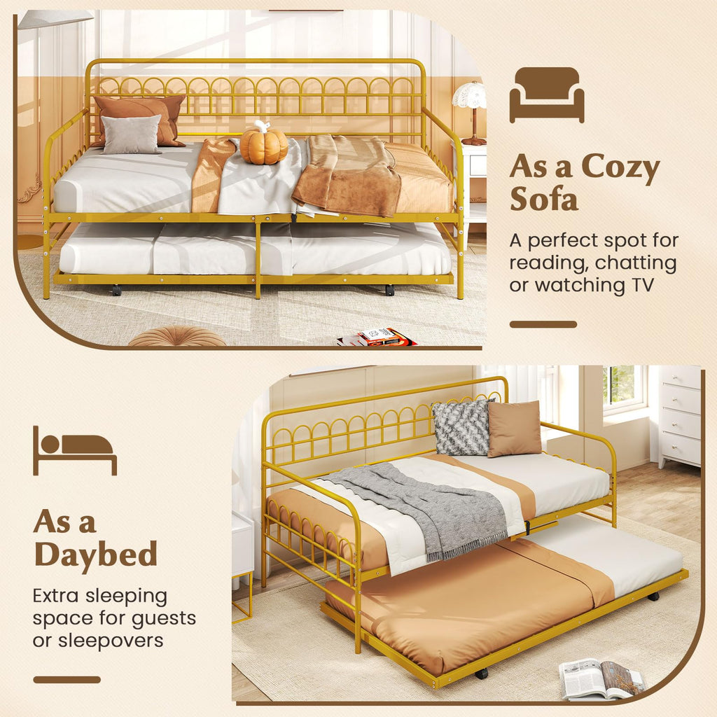 Twin Daybed with Trundle Gold, Metal Day Bed with Convenient Pull-Out Trundle Bed, Metal Slats, Lockable Universal