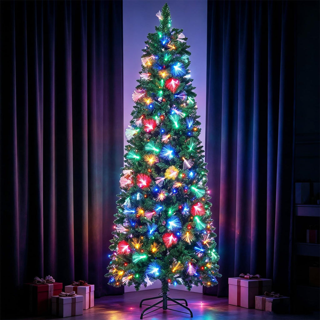 Pre-Lit Pencil Christmas Tree with Fiber Optic, 300LED Lights
