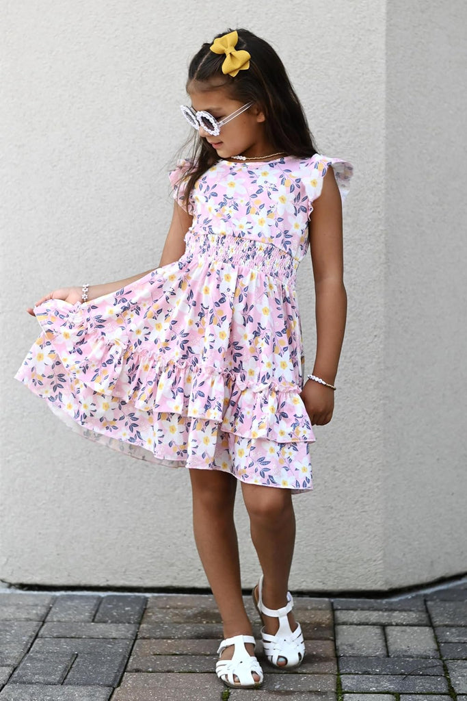 Girls Dresses Flutter Sleeve A-Line Sundress Casual Summer Tiered Swing Midi Pocket Dress