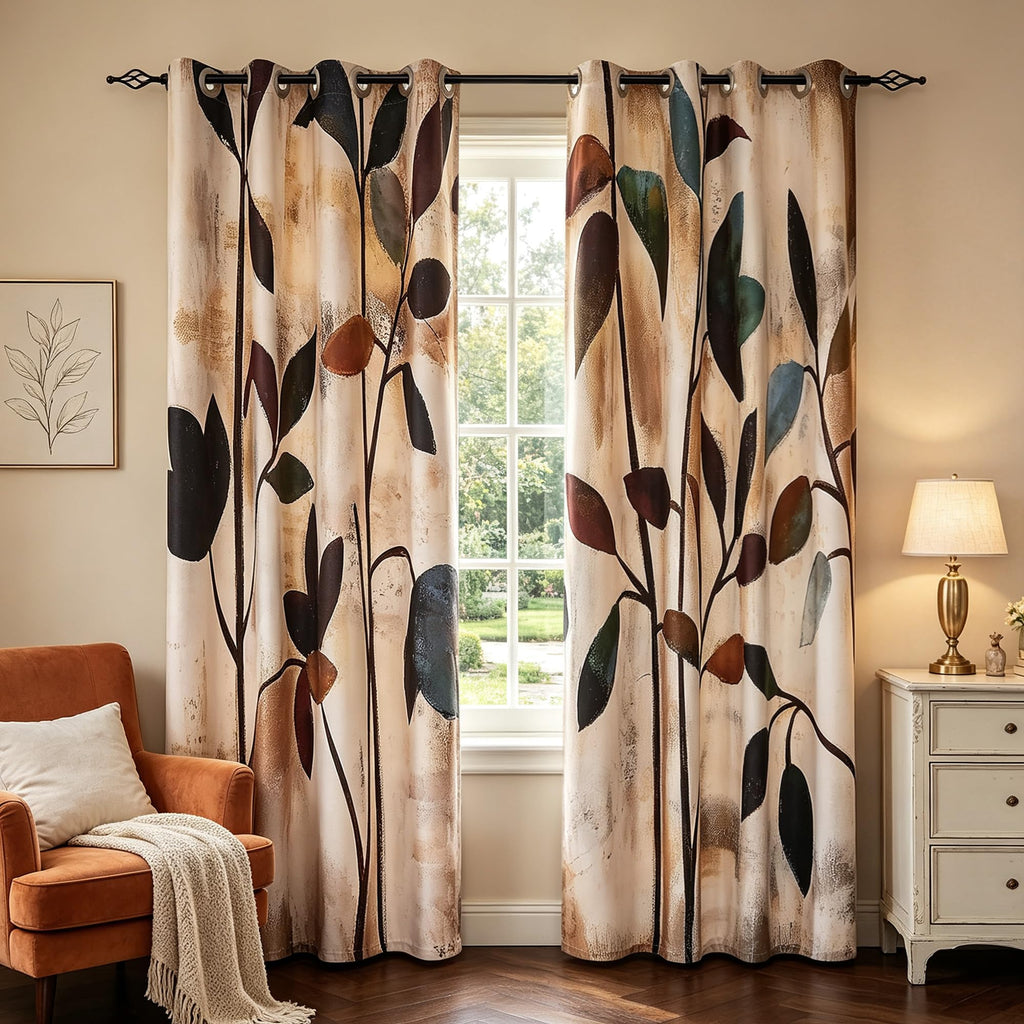 Brown Leaf Floral 84 Inch Curtains, 2 Panels