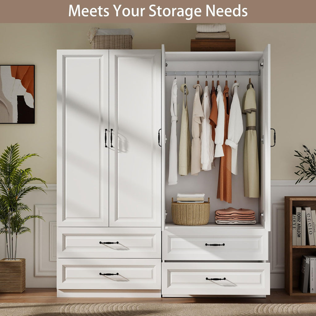 White Armoire Wardrobe Closet with 4 Drawers, 75" Tall x 63" Wide