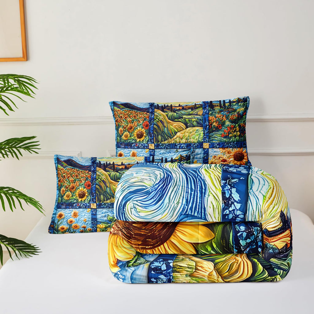 Yellow Sunflower Comforter Set, Bedding Quilts Sunflower, Rustic Farmhouse Bedroom Set Bedding