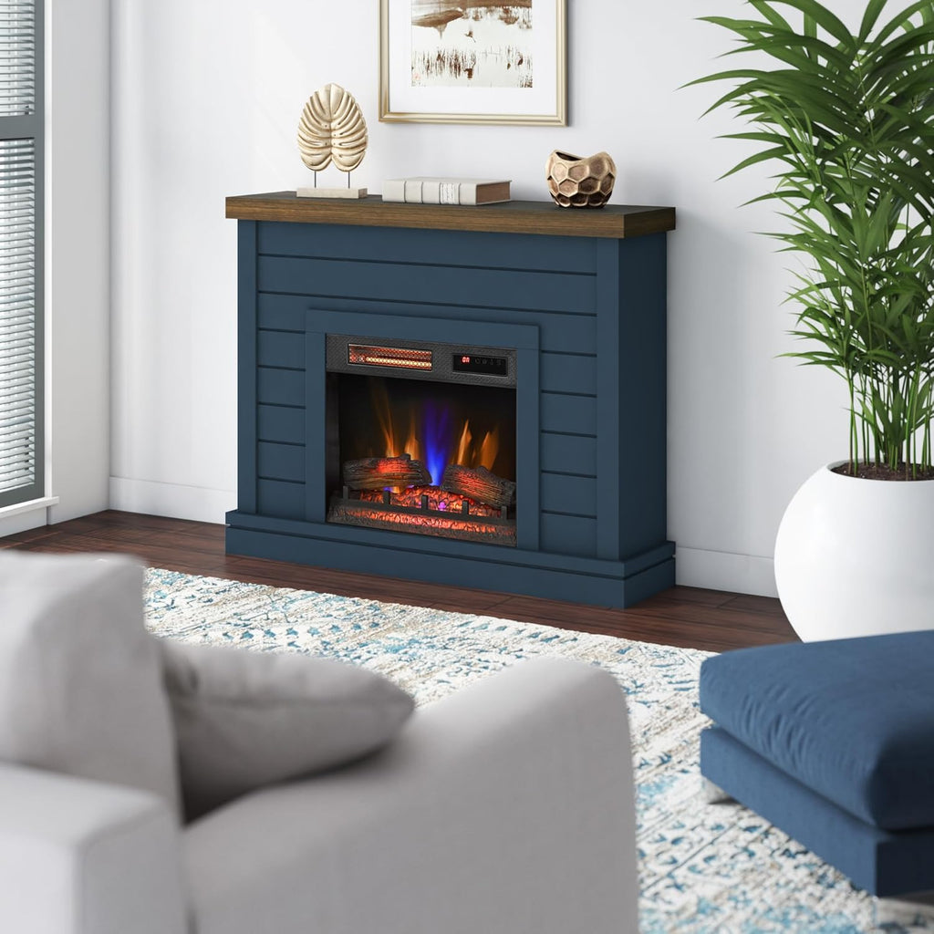 Shiplap Wall Mantel Electric Fireplace, Freestanding Fireplace Heater with Realistic Flame Effect, Blue Finish
