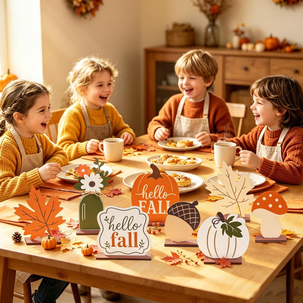 Fall Table Decor, Fall Decorations, 8PCS Wooden Hello Fall Sign, Maple Leaf, Pumpkin and Acorn Indoor Home Office