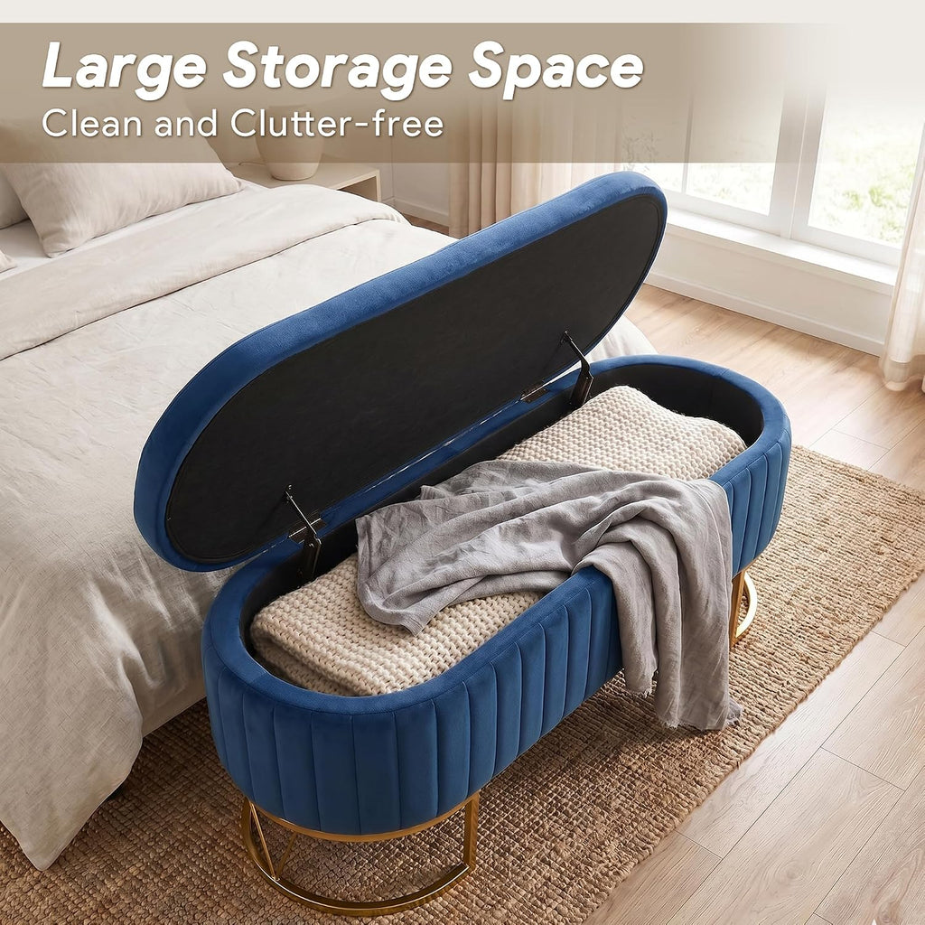 Storage Bench Bedroom Bench, Velvet Oval Upholstered End of Bed Bench with Golden Metal Legs, 46" Modern Storage