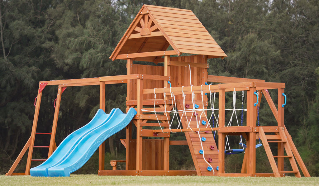 Playground Wooden Swing Sets with Monkey Bar, Outdoor Playhouse