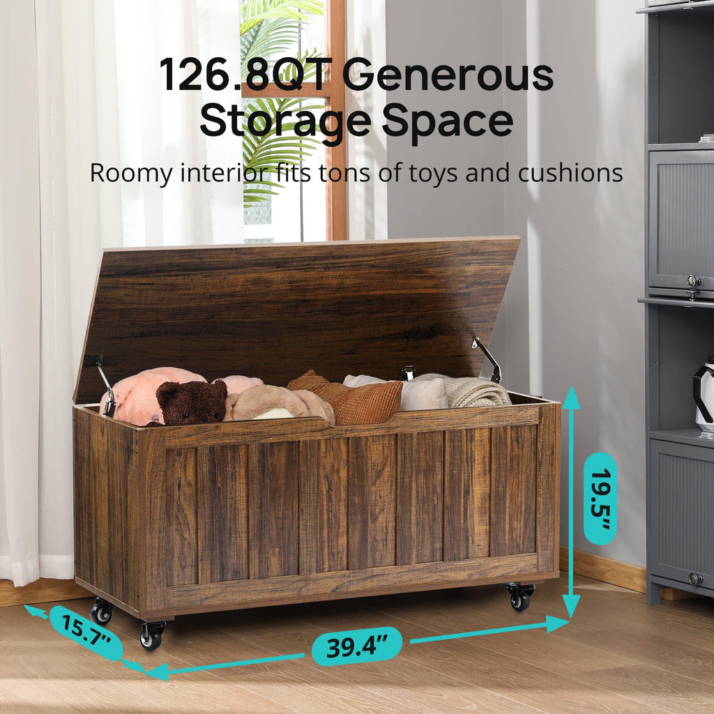 Storage Chest, 39.4'' Wooden Storage Bench with 4 Wheels & 2 Safety Hinges, Retro Toy Box Support 300 lbs, Easy