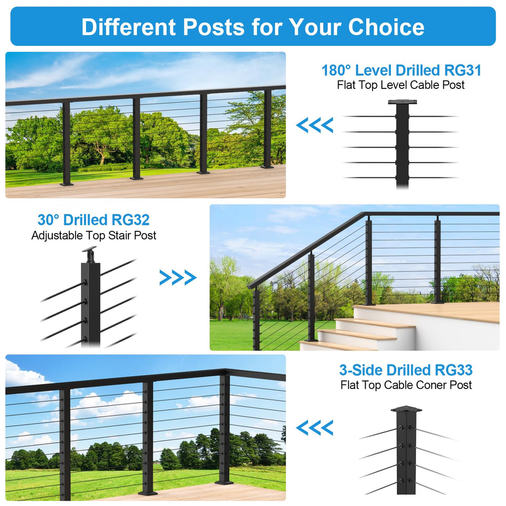 12-20FT 36" Black Complete Cable Railing Kit with 3/16" Wire Rope