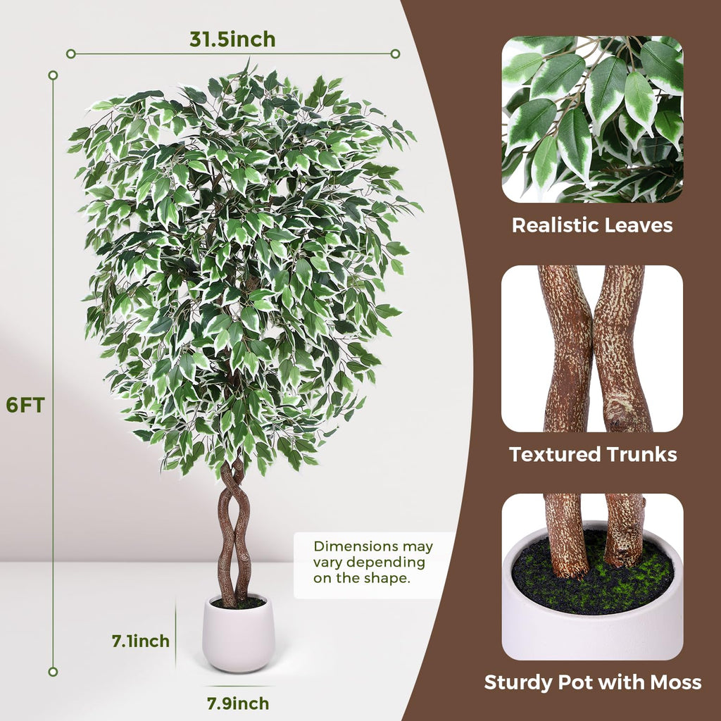 6ft Artificial Ficus Tree, Tall Fake Trees Indoor with Planter
