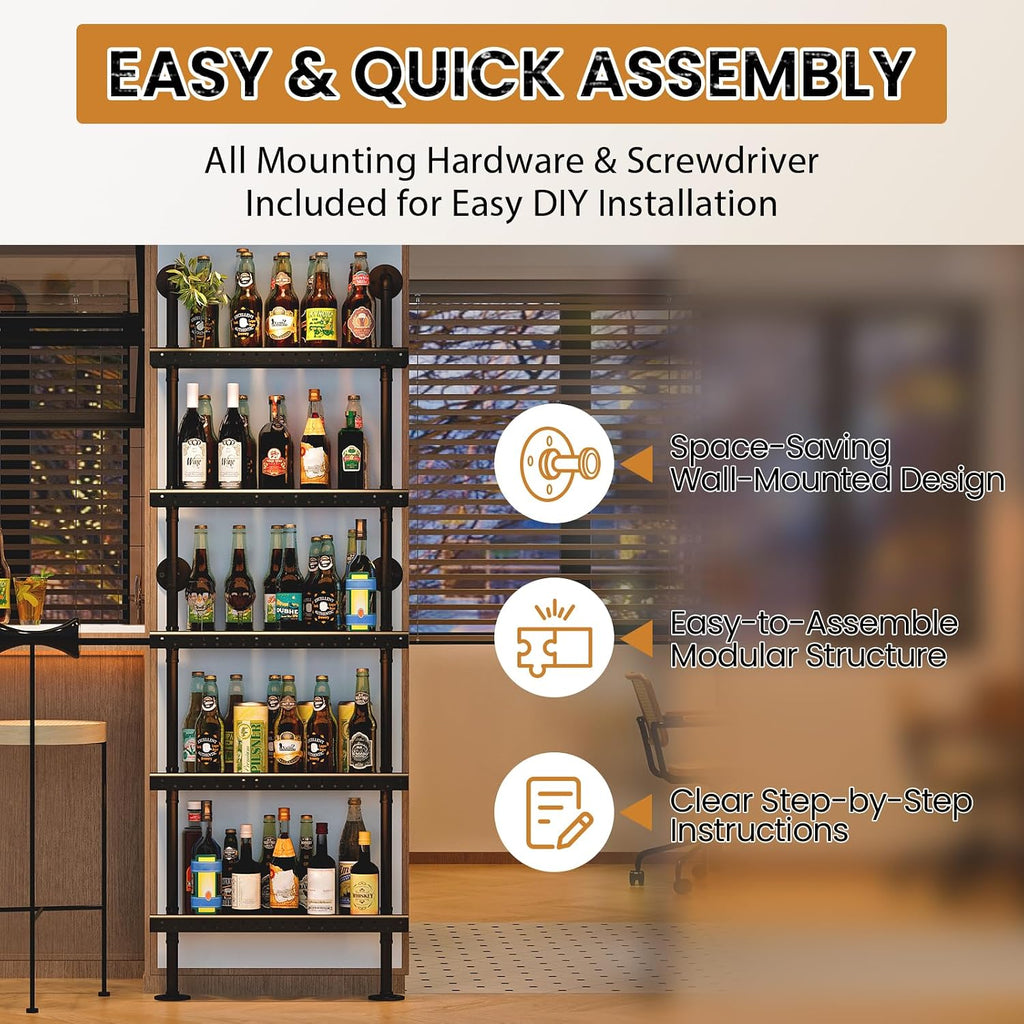 5-Tier Industrial Bar Shelves Wall Mounted, 78" Tall Pipe Wine Rack with Anti-Fall Guards, Wall Mounted Bar Shelves