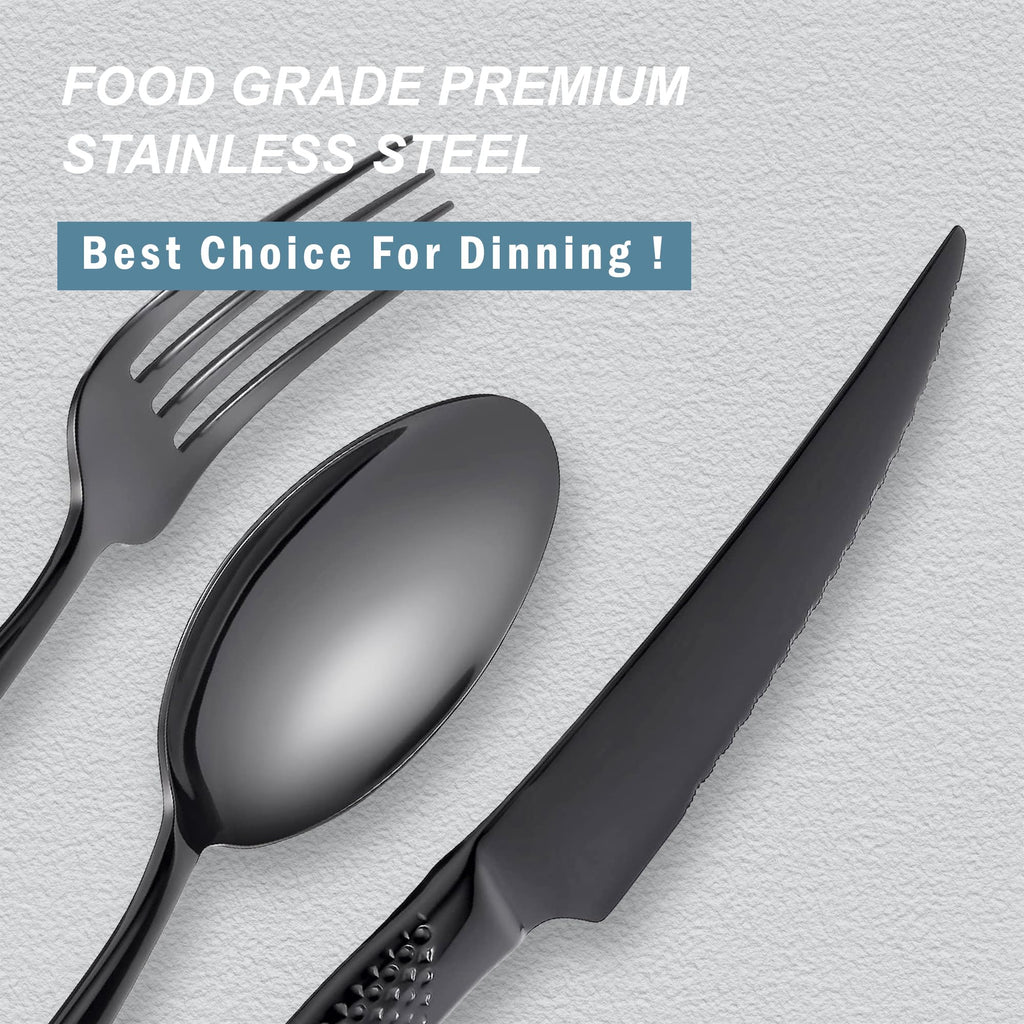 Hammered Black Stainless Steel 20-Piece Modern Flatware Set