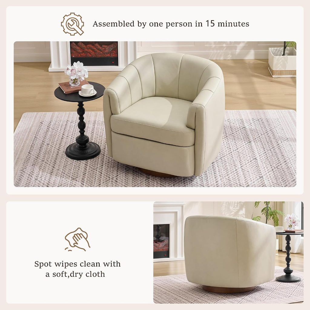 Swivel Accent Chair, PU Leather Barrel Armchair with Wood Base, Cream