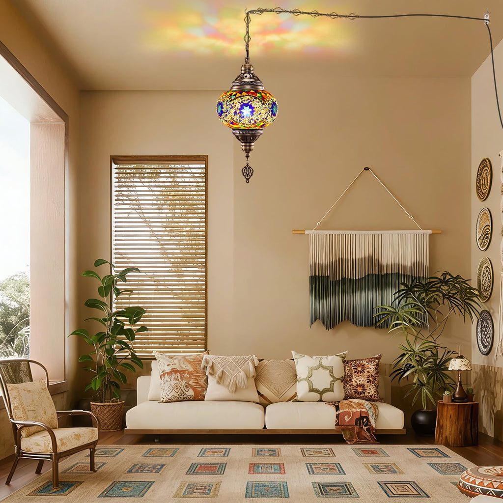 7.2"D Turkish Moroccan Mosaic Hanging Pendant Lamp Plug-in &15ft Cord
