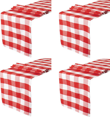 Red and White Checkered Table Runner 108 Inches Long, 4 Packs | Soft Cotton Linen, 14x108 Inch, Folded Hem, for