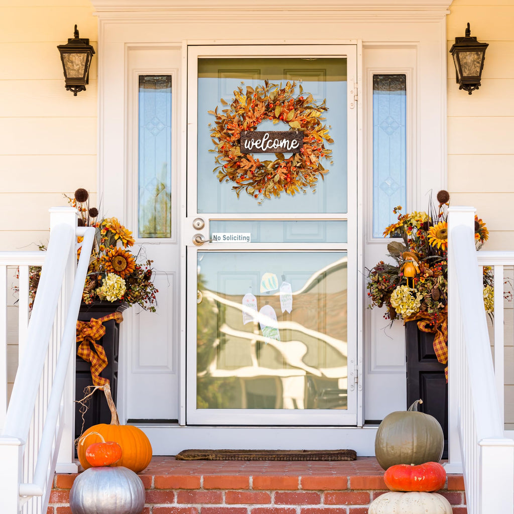 Artificial Fall Wreath - 18'' Autumn Front Door Wreath with Fall Leaves, Small Pumpkins, Cluster of Berries for