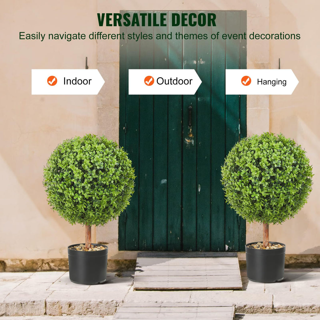 Artificial Topiaries Boxwood Trees, 24 inch Tall (2 Pieces), Ball-Shape Faux Topiaries Plant with Planters, Green