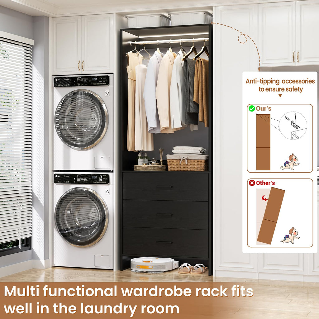 1.8FT Closet System with 3 Drawers, 21.5'' Closet Organizer, Black
