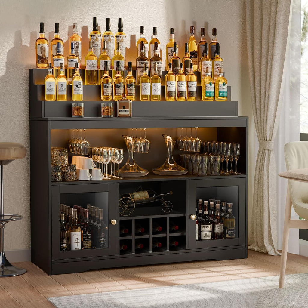 Wine Bar Cabinet with LED Lighted Liquor Bottle Display Shelf, Liquor Cabinet with Glass Holder, Coffee Bar for