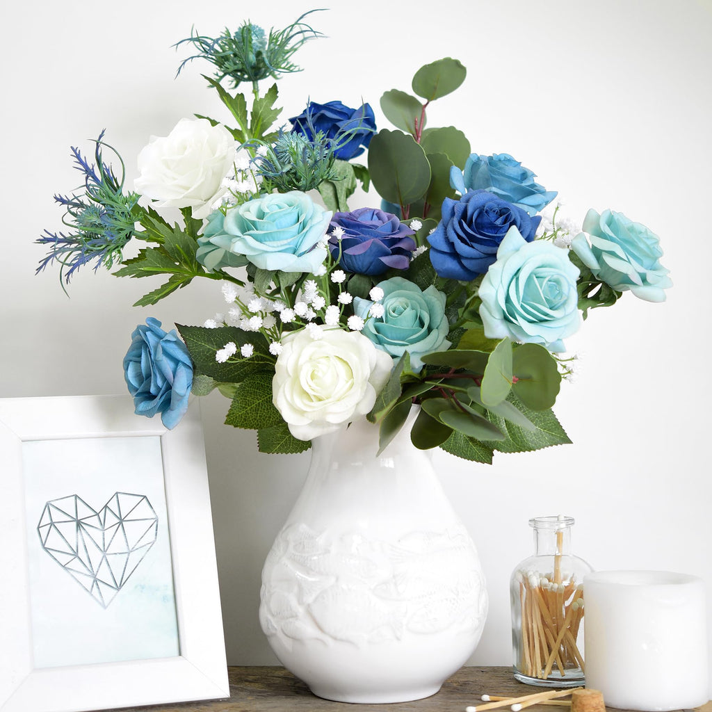 Artificial Blue and White Rose Bridal Bouquet - Real Touch Wedding Flowers with Eucalyptus, Baby's Breath & Thistles
